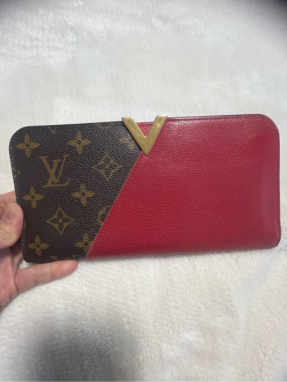 Louis Vuitton Red Leather & Monogram Zip-Around Wallet with Gold V